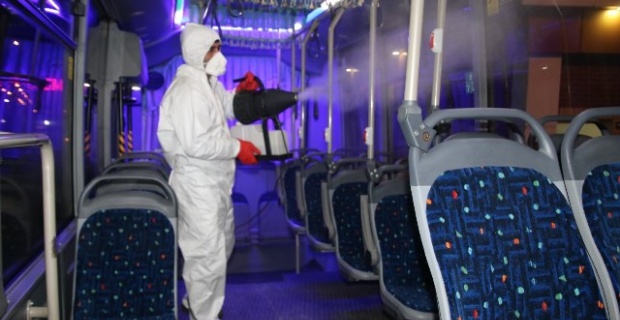 Şanlıurfa'da Halk otobüsleri dezenfekte ediliyor.